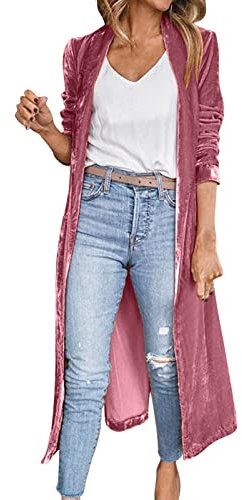 Women's Velvet Loose Elastic Long Casual Coat - Hot Pink