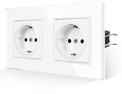 JIMEIDA Doppelsteckdose, Glas weiß, 16A, 157x86mm | Steckdose, 16A, Glas Panel, Kindersicherung, Feuerfest, Unterputz, 157x86mm, weiß