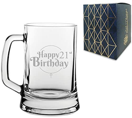 All Things Personalised Engraved 21st Birthday Gift, Beer Mug Glass, Holds 16.75oz, 495ml Tankard, Gift Boxed, Happy Birthday Balloon Design, Gift for Him or Her, Laser Engraved in The UK