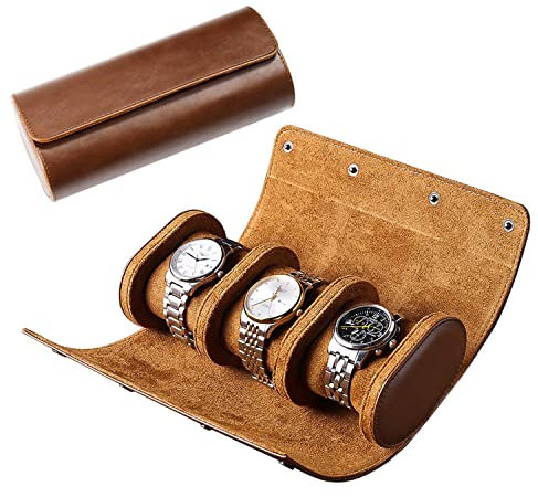 Rudmox Uhrenetui, Luxus-Leder-Uhrenrolle, 3 Fächer, Schmuckaufbewahrung, Geschenke für Mann und Frau, Weihnachten, Jahrestag, Geburtstag (braun, 3 Steckplätze)
