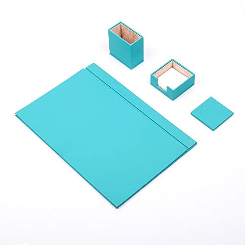 Schreibtisch-Set, türkisfarbenes Leder, Schreibtischunterlage, Notizpapierhalter, Stifthalter, Lederuntersetzer, Schreibtischzubehör, Schreibtisch-Organizer, Türkis (4PCS)