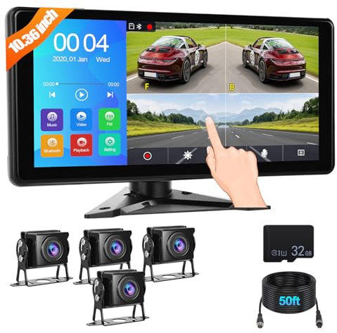 32GB-Speicherkarte CAMECHO Rückfahrkamera Auto 10.36 Zoll Monitor+4 Geteilte Rückund Vorder Kamera,Videoaufzeichnung+4 Kameras(15M+5M+5M+5M) für LKW/Anhänger/Wohnmobil/Traktor 9V-36V