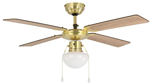 EGLO Deckenventilator Fortaleza, 4 Flügel Ventilator mit Zugkette | Beleuchtung und Sommer Winter Betrieb, Holz, brünierter Stahl und Glas in Weiß, AC Motor, Ø 106,6cm