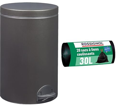 ROSSIGNOL Poubelle de cuisine à pédale et 20 sacs-poubelle, Capacité 20L, Fabrication française, Seau intérieur amovible avec anse, Pratique ELORA