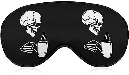 Lustige Schlafmaske für Damen und Herren, ein Totenkopf lächelt und trinkt Kaffee, weiche Augenbinde, Augenmaske zum Schlafen, verstellbares Gummiband, verdunkelnder Schlafbezug, Augenschutz für Rei