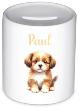 minimutz Spardose Hund für Kinder – Personalisierte Sparbox Tiere Jungen Mädchen – Runde Keramik Sparbüchse 8x9.5 cm - inkl. Wunschnamen Bedruckt