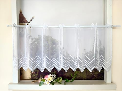 Devola Lochleiste Scheibengardine Streifen Voile Gardine Kurz Bistrogardine Stickerei Kurzstore Transparent Küchenvorhang Modern HxB 45x120cm Weiß 1 Stück