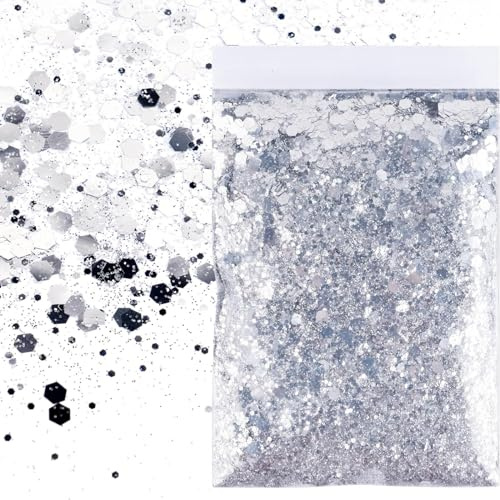 Glitzer zum basteln gold glitzerpuder pailletten glitzer pulver basteln glitzerpulver glitter sequin für nägel gesicht make up kartenbasteln handwerk nagelkunst | chunky glitter (Silber)