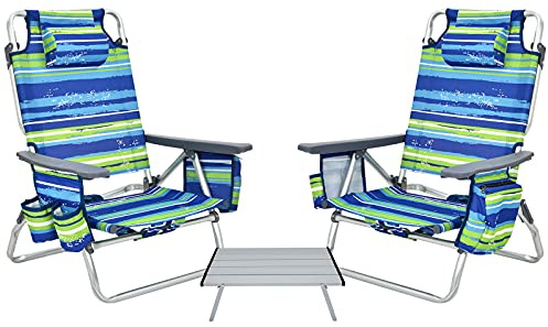 GIANTEX Chaises de Plage Pliable 3 Pcs, Chaises de Camping 5 Positions avec Dossier Haut et Table Enroulable, Chaise de Jardin Inclinables Charge 136 KG (Bleu + Vert)