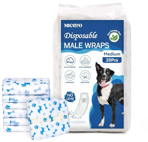 MICOOYO Dog Nappies Male,Disposable Male Dog Wraps,Super Absorbent Dog Diapers with Wetness Indicator,Puppy Dog Nappy for Incontinence (M-20 Count）