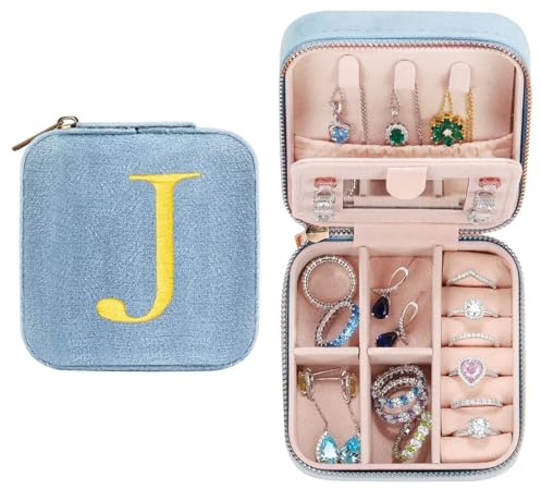 TINGN Geschenk für Frauen - Personalisierte Schmuckkästchen Damen Mädchen mit Initiale J Blume Kleine Schmuckkästchen Reise Schmuckkästchen mit Spiegel Geschenk für Geburtstage Weihnachten Muttertag