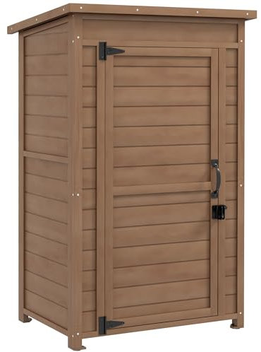 Outsunny Armadio da Esterno con Ripiano Regolabile e Tetto Inclinato, Armadio da Giardino in Legno con Catenaccio, 75x56x117cm, Marrone