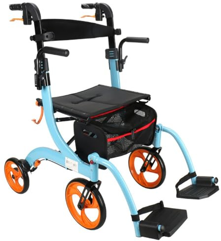 Andadores para Personas Mayores con 4 Ruedas,Andador para Exteriores de Aluminio,Andador plegable ligero,altura ajustable,Andador para Ancianos con Asiento,ROLLATOR blue