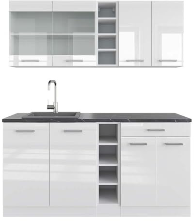 Vicco Singleküche R-Line, Weiß Hochglanz/Weiß, 160 cm | 6 Module · Höhenverstellbare Füße · AP Anthrazit inkl. · Robuste Fronten · Mit offenen Regalen · Frei kombinierbar