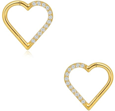 2 Stück Herz Daith Piercing G23 Titan + CZ 16G Nasenpiercing Ohrringe | Lantine Titanium Gold Silber Zirkonia Creolen Segmentring Clicker Nasenring Tragus Rook Knorpel Ohrringe 8/10mm