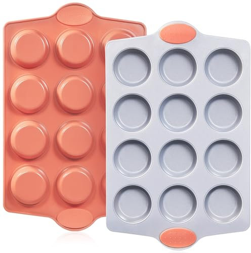BRONYPRO Muffinform aus Keramik, 12 Tassen, antihaftbeschichtet, aluminisierter Stahl, gesunde, ungiftige Keramikbeschichtung, Muffinform, 2 Stück, Cupcake-Formen zum Backen, Orange