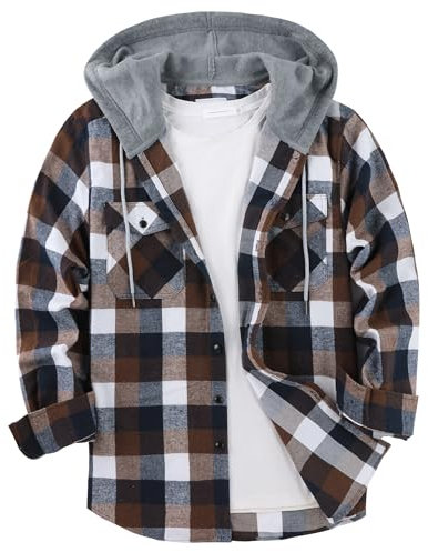 GEEK LIGHTING Men's Plaid Shirt Checked Shirts Mens Flannel Shirt Button Down Long Sleeve with Drawstring Casual Double Chest Pockets Classic Shirt Jacket XL Coffee