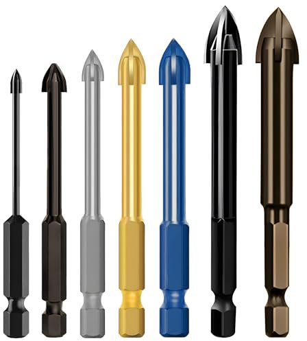 7 Pezzi Kit Punte Trapano,Trapano per Bucare Piastrelle,Metallo Duro, Maniglia Esagonale, Croce Corta, Sette Colori, per Cemento, Plastica, Muro Mattoni, Legno,Piastrelle,Metallo(3/4/5/6/8/10/12 Mm)