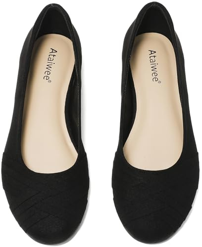 Ataiwee Women's Wide Width Slip-On Ballet Flats, Solid Color Round Toe Casual Shoes.BK,8
