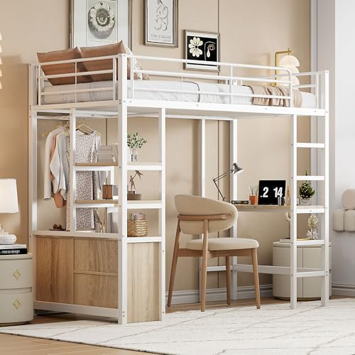 Hochbett 90x200cm Schreibtisch mit Steckdose und USB Einzelbett mit Regale Offener Lagerschrank und Leiter Kinderbett Eisenrahmen Metallbett für Jugendliche Erwachsene Weiß