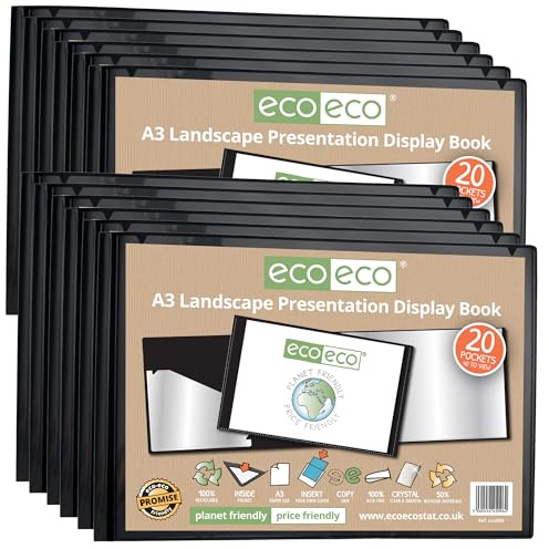 eco-eco Eco096x12 - Libro de presentación de paisaje negro con 20 bolsillos, tamaño A3, 50% reciclado, con fundas de plástico, paquete de 12 carpetas