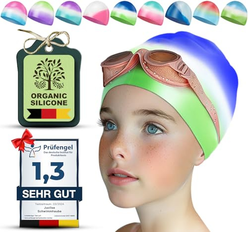 Juclise Swimming Caps for Kids，Girls and Boys, Stretchy Silicone Design, Comfortable Fit for Long and Short Hair (Blue-Green, Age 9-15)