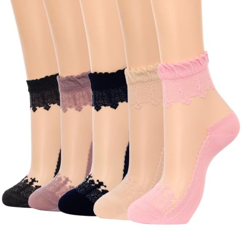 IYOU Mujeres Transparentes Calcetines Rosa Malla Calcetines Encaje Verano Tradicional Transparente Ver a Través de Calcetín para Damas y Niñas(5 Pares)
