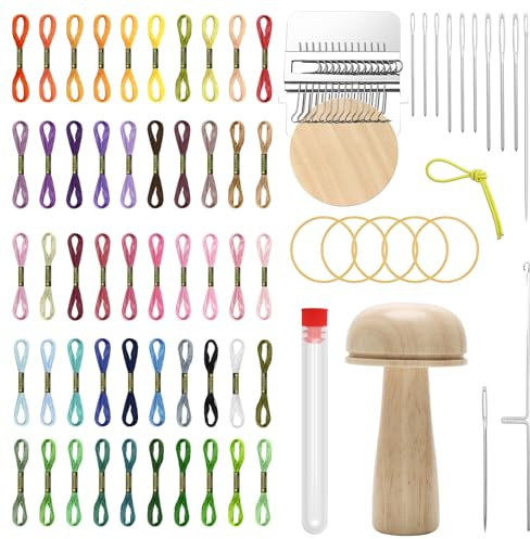 Windspeed Darning Mushroom for Socks Darner Kit Include 14 Hooks Small WeavingLoom 9 Large Eye Needles 50 Colors Thread for DIY Handicraft Home Sewing Care