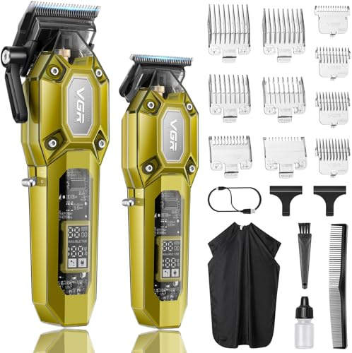 VGR Tagliacapelli Uomo Professionale, Set Macchinetta per Capelli e Rifinitore Senza Fili, Barber Kit Taglia Capelli con 10 Pettini Guida, Ricarica USB, Display LED, Oro