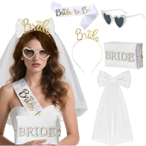 Addio al Nubilato Gadget, 5PCS Bride to Be Addio al Nubilato, con Borsa per trucchi da sposa, Velo, Fusciacca, Fasce Capelli, Occhiali da Sole Cuore, per Addio al Nubilato Festa Nozze Fidanzamento