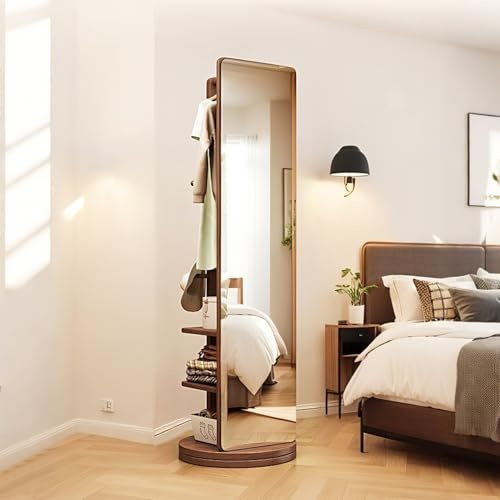 RED AS FIRE Specchio a Figura Intera Girevole 360° in Legno Massello con Appendiabiti & 3 Strati stoccaggio Rack, Moderno Specchio Lungo Grande da Terra Verticale con Rotante Base