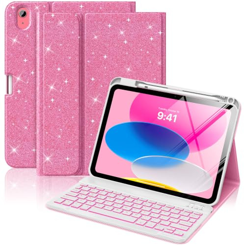 MoKo Keyboard Case for iPad (A16) 11th 11''/10th Gen 10.9'',Shiny Pink | 7 Color Backlit, Multi-Angle Detachable Bluetooth Keyboard Case with Pencil Holder,Auto Wake Sleep