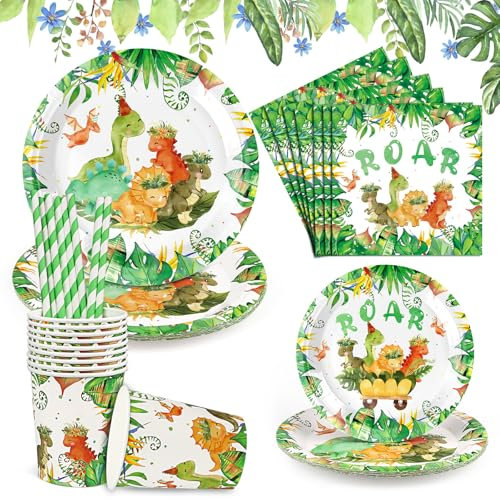 60 Stück Dinosaurier Partygeschirr Set, Dinosaurier Deko Kindergeburtstag, Pappteller Geburtstag Set für 10 Gäste, Dinosaurier Geschirr für Party (Dinosaurier-60pcs)