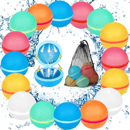 Wiederverwendbare Wasserbomben 16 Stück & 1 Mesh Bag, Magnet Selbstschließend Wiederverwendbar Schnell Wiederbefüllbare Silikon Wasserbombe für Wasserspielzeug Strandspielzeug Pool Spielzeug
