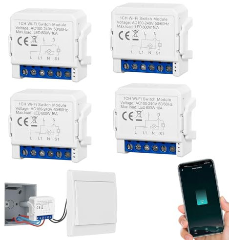 SOARFLY 4PC Smart Lichtschalter Modul, WLAN Schalter Smart Life Tuya App, Alexa Lichtschalter Smart Home, Sprachsteuerung/Timer, Mini DIY Smart Switch Relais Modul Kompatibel Alexa, 1-Weg/2-Wege