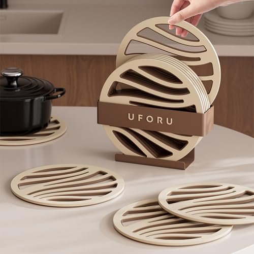 JanYoo 6er Set Topfuntersetzer Hitzebeständig rutschfest Topflappen für Küche & Tisch Modernes Design Küchenhelfer Set Runder Untersetzer Unterlage Ø 15,5cm(Braun)