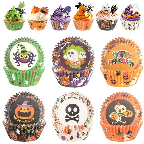 150 stycken halloween muffinsform papper med halloween cupcake-toppare halloween muffinsformar papper cupcake wrappers för festdekoration