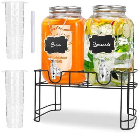 ZhouZGlass Glass Drink Dispenser with Tap, 2 Pack 4 Litre Beverage Dispenser with Fruit Infuser, Laundry Detergent Dispenser Punch Bowls Water Juice dispensers with Easy Flow Spigot for Outdoor
