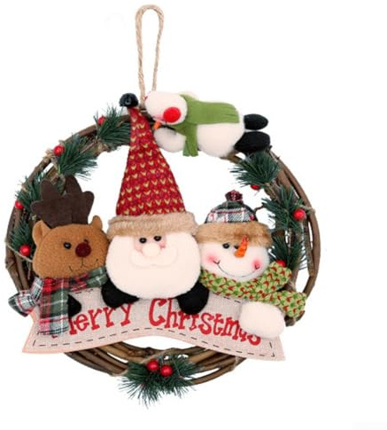Ghirlanda natalizia per le vacanze, realizzata a mano in rattan naturale con personaggi tradizionali, ornamento da appendere alla porta d'ingresso, 29 cm (Babbo Natale)