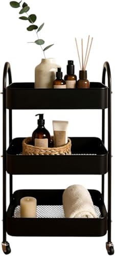 3 Tier Metal Multipurpose Kitchen Bathroom Bedroom Vegetables Food Wheeled Storage Tray Cart - BLACK 78.5cm (H) x 46cm (W) x 30.5cm (D)