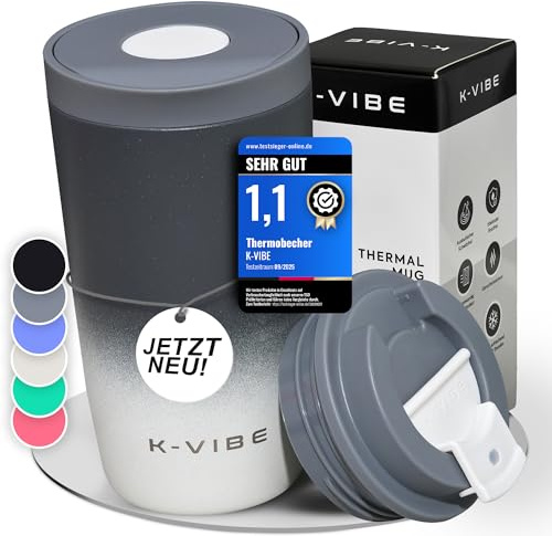 Thermobecher 350ml auslaufsicher - Thermo-Kaffee-Becher mit Quick-Press Deckel | rutschfester Boden, BPA-freier Isolierbecher Coffee-Cup to Go | Kaffeebecher für Büro, Auto, Uni & Alltag | K-VIBE