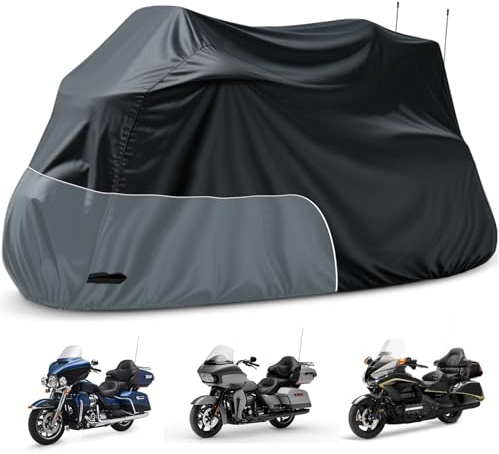 Motorcycle Cover Heavy Duty Waterproof, for Motorcycle with Side+Top Box, Compatible with Harley Davidson Ultra Ltd, Road Glide Ltd, Honda Goldwing, BMW, Indian Motorcycle Accessories, Black/Grey