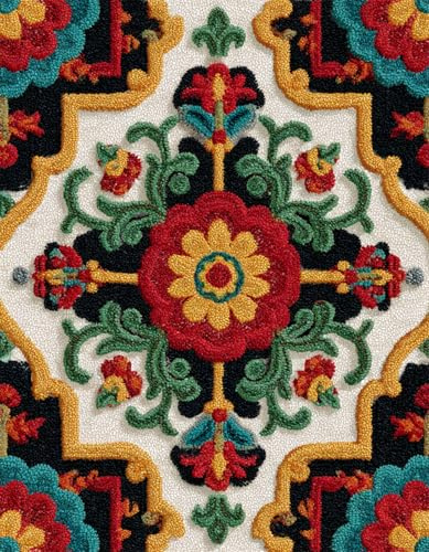 WallustrioaW Stile retrò Kit per tappeti con gancio a scatto per adulti,Motivi di piastrelle colorate,DIY kit per la creazione di tappeti con tela stampata,ricamo con filato all'uncinetto,52x38cm