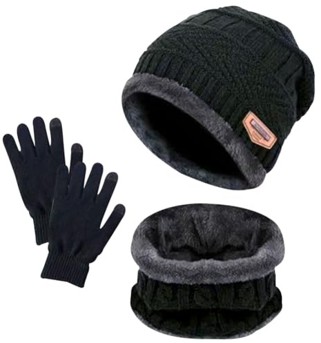 3 PCS Noir Ensemble Bonnet Écharpe Gant Ensemble, Bonnet en Tricot à Doublure Polaire Chaude Cercle D'écharpe Thermique avec Gants à Écran Tactile (Gris)