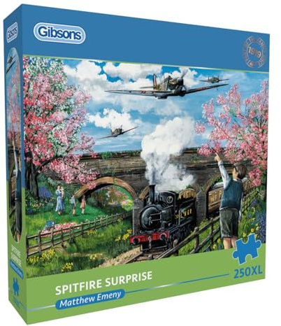 Gibsons Spitfire Surprise 250XL Piece Jigsaw Puzzle for Adults by Matthew Emeny - Extra Large Pieces - Nostalgic Aviation & Railway Theme Artwork – Premium Sustainable Puzzle Made in the UK/EU
