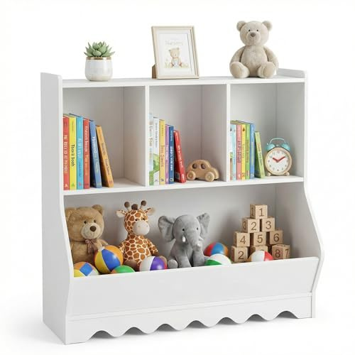 elnure Kinder Bücherregal & Spielzeugregal – Freistehendes Kinderregal aus Holz mit 4 Fächern, Spielzeugaufbewahrung & Buchablage für Kinderzimmer, Spielzimmer, Kindergarten, Weiß (80×38,3×77,5 cm)