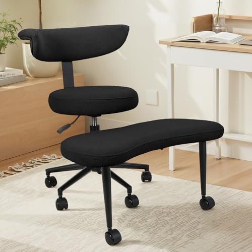 Meditationsstuhl für mehrere Sitzpositionen, Schneidersitz Stuhl mit Lendenwirbelstütze und Rollen, Höhenverstellbar & 360° drehbar, Ergonomischer Bürostuhl, Schreibtischstuhl (Teddyfell, Schwarz)