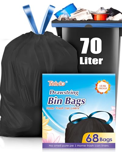 Teivio 70 Litre Strong Tall Kitchen Bin Liners with Tie Tap, 68 Counts 20 Gallon Large Drawstring Bin Bags, Refuse Sacks Fit 50-70L Rubbish Can for Home Kitchen Garden Office, Black
