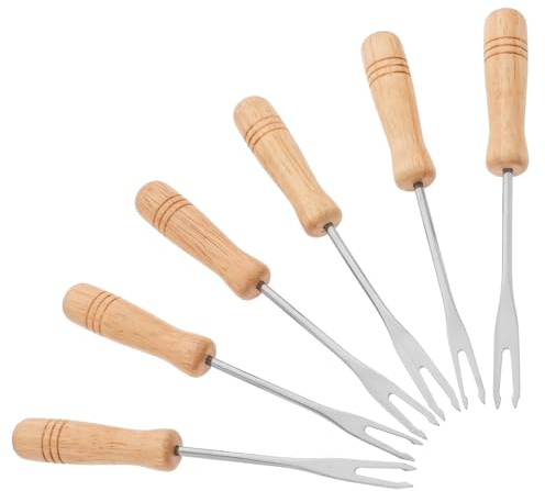 Kichvoe Lot de 6 Fourchettes à Fondue en Acier Inoxydable Poignées Bois Antidérapantes, Fourchettes à Fondue au Fromage et Marshmallows, Accessoires pour Repas Gourmands