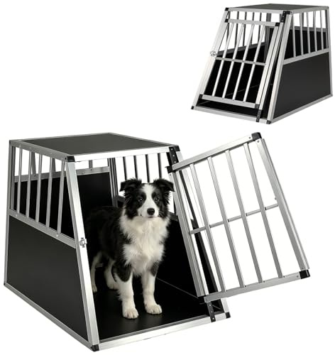 GYMAX Hundebox Auto, Transportbox Hund mit Sicherheitsverschluss, leicht & stabil, Alu Hundetransportbox für Kofferraum, Rückbank & Zuhause (91 x 65 x 69,5 cm)